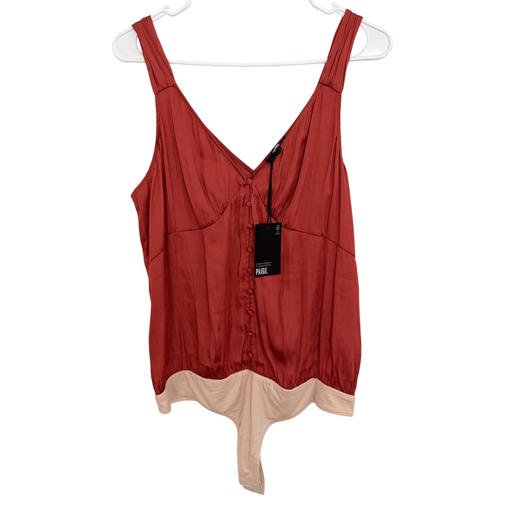 PAIGE Kessley Bodysuit Women Large Muted Clay Rust Satin V-Neck Button Front NEW